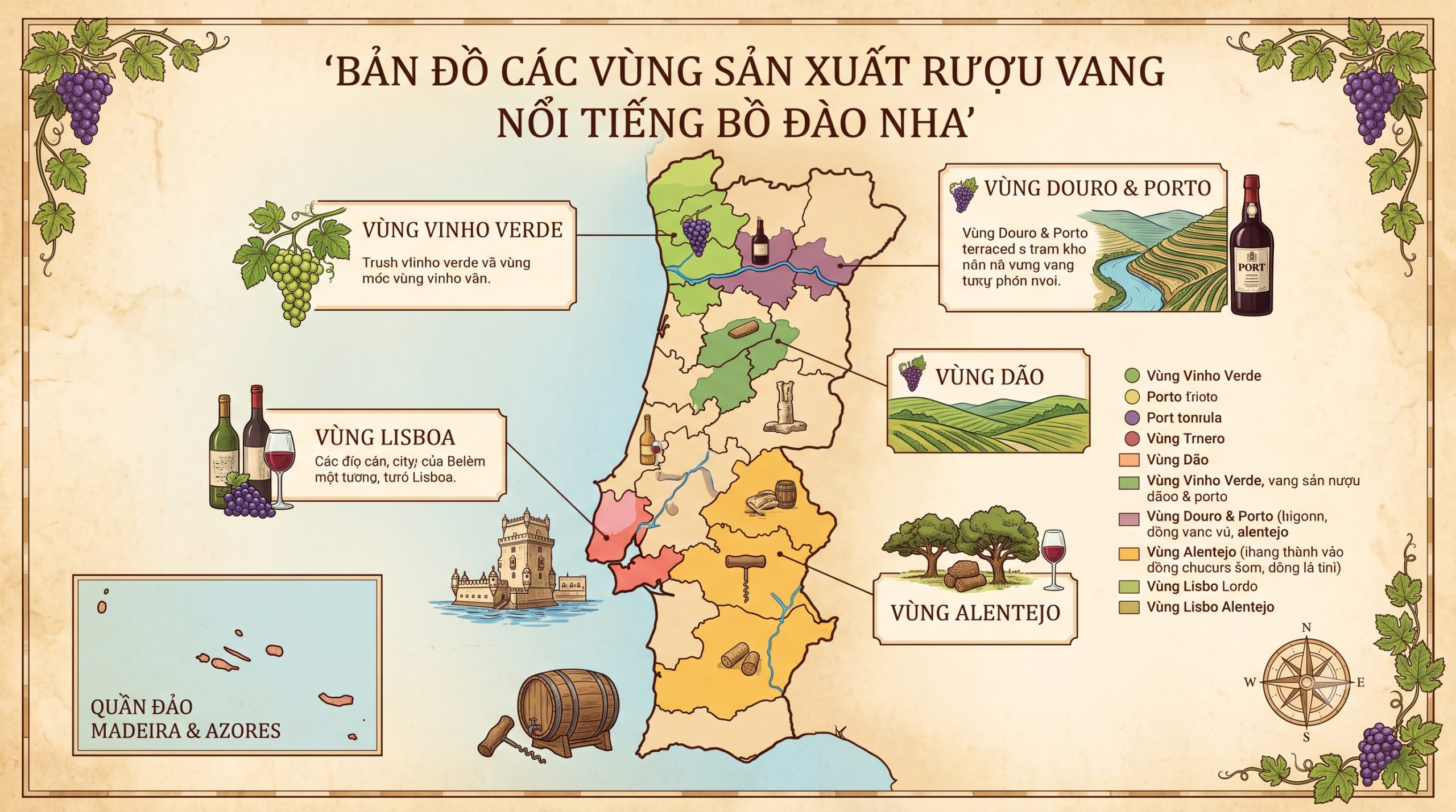 Bản đồ các vùng sản xuất rượu vang Bồ Đào Nha nổi tiếng như Douro Alentejo Vinho Verde