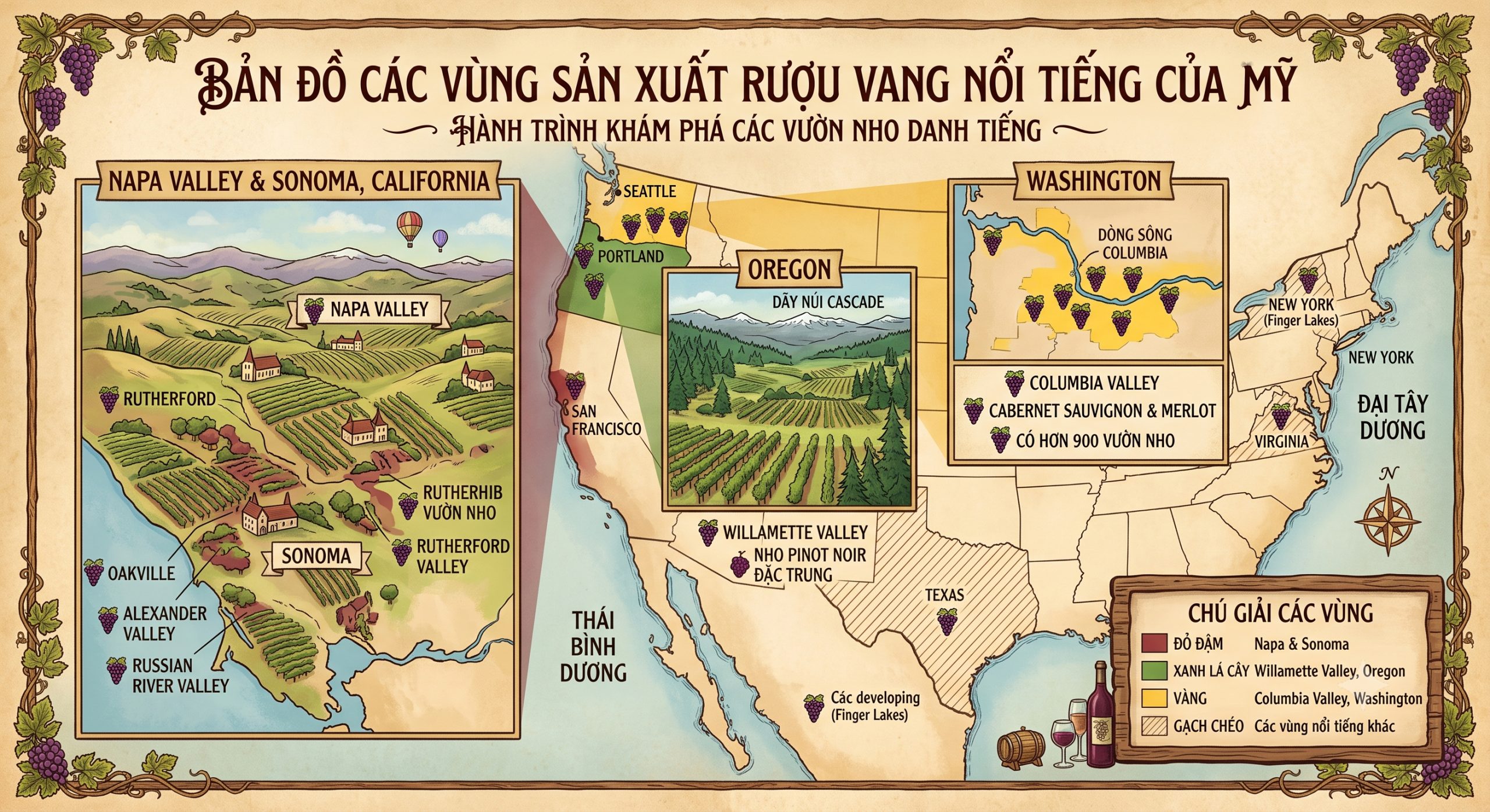 Bản đồ các vùng sản xuất rượu vang nổi tiếng tại Mỹ như Napa Valley Sonoma Oregon