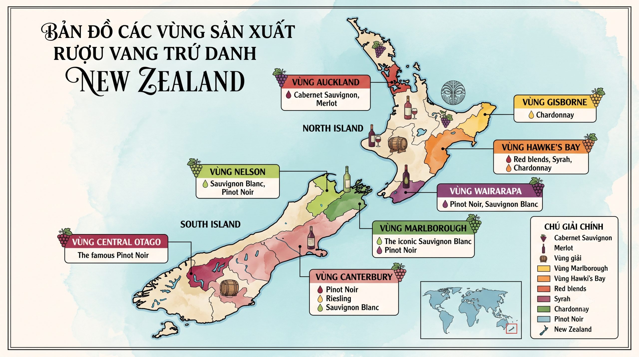Bản đồ các vùng sản xuất rượu vang New Zealand nổi tiếng như Marlborough Central Otago Hawkes Bay