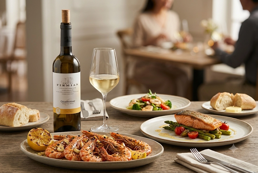 Thưởng thức rượu vang trắng Castel Firmian Chardonnay chuẩn vị cùng hải sản nướng